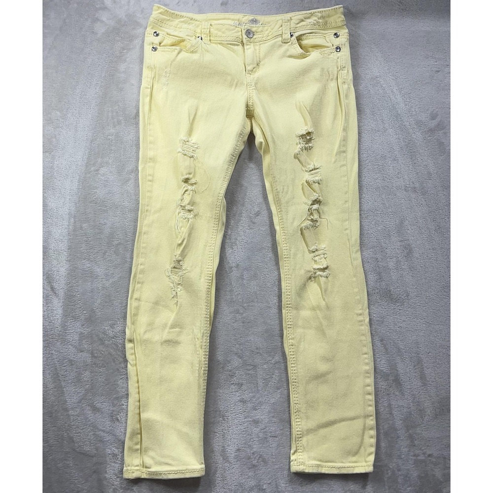 Almost Famous Jeans Juniors 13 Yellow Skinny Distressed Stretch Denim Rhinestone